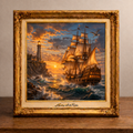 Framed ship and lighthouse at sunset