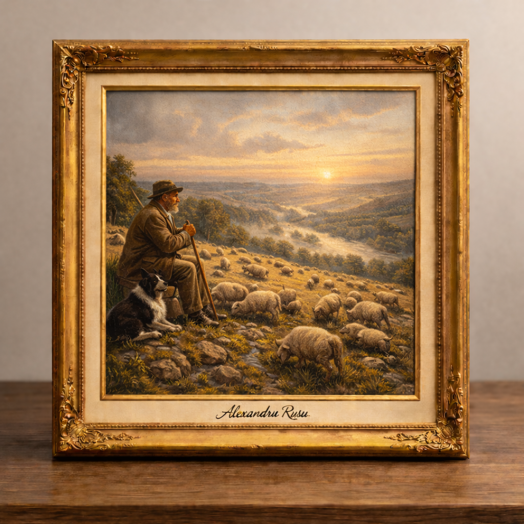 Le berger et son troupeau au coucher du soleil