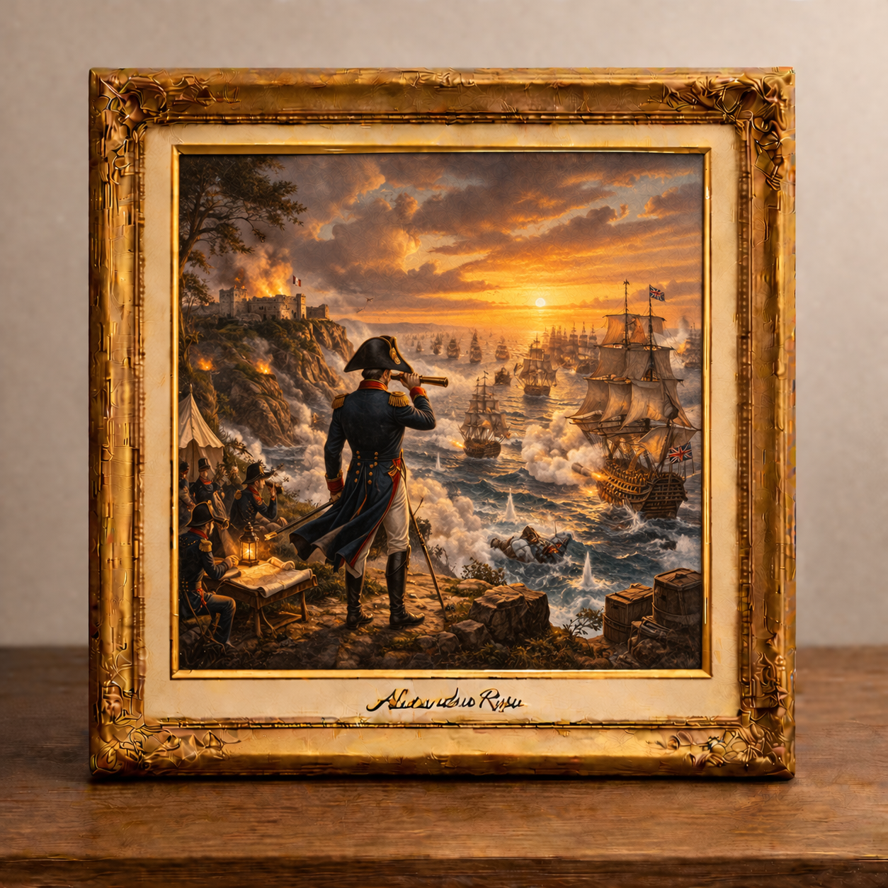 Napoleonic naval battle at sunset