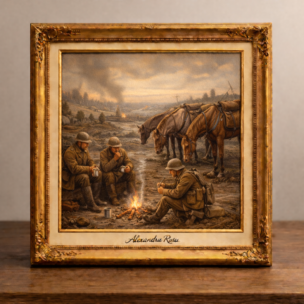 Soldiers and horses in wartime rest