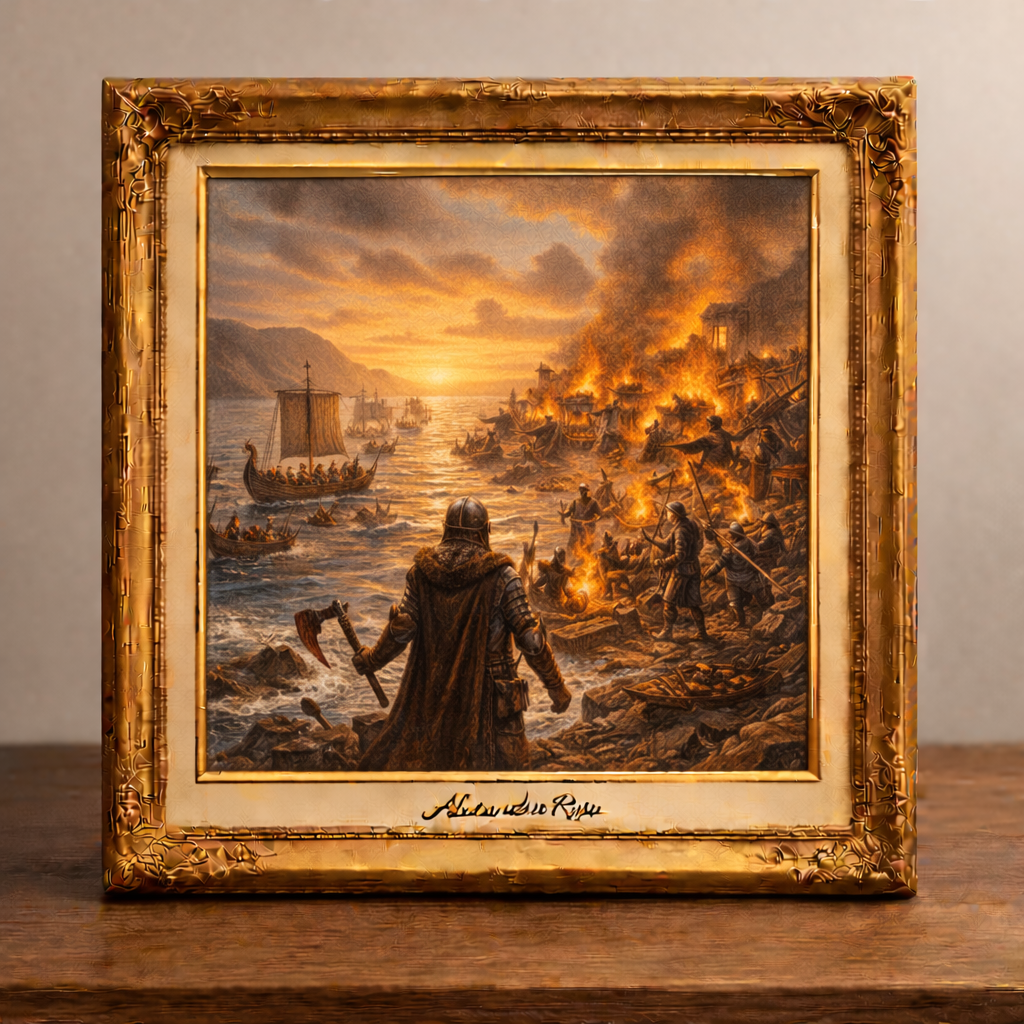 Viking raid at dawn or dusk