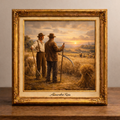Wheat field at sunset with farmers