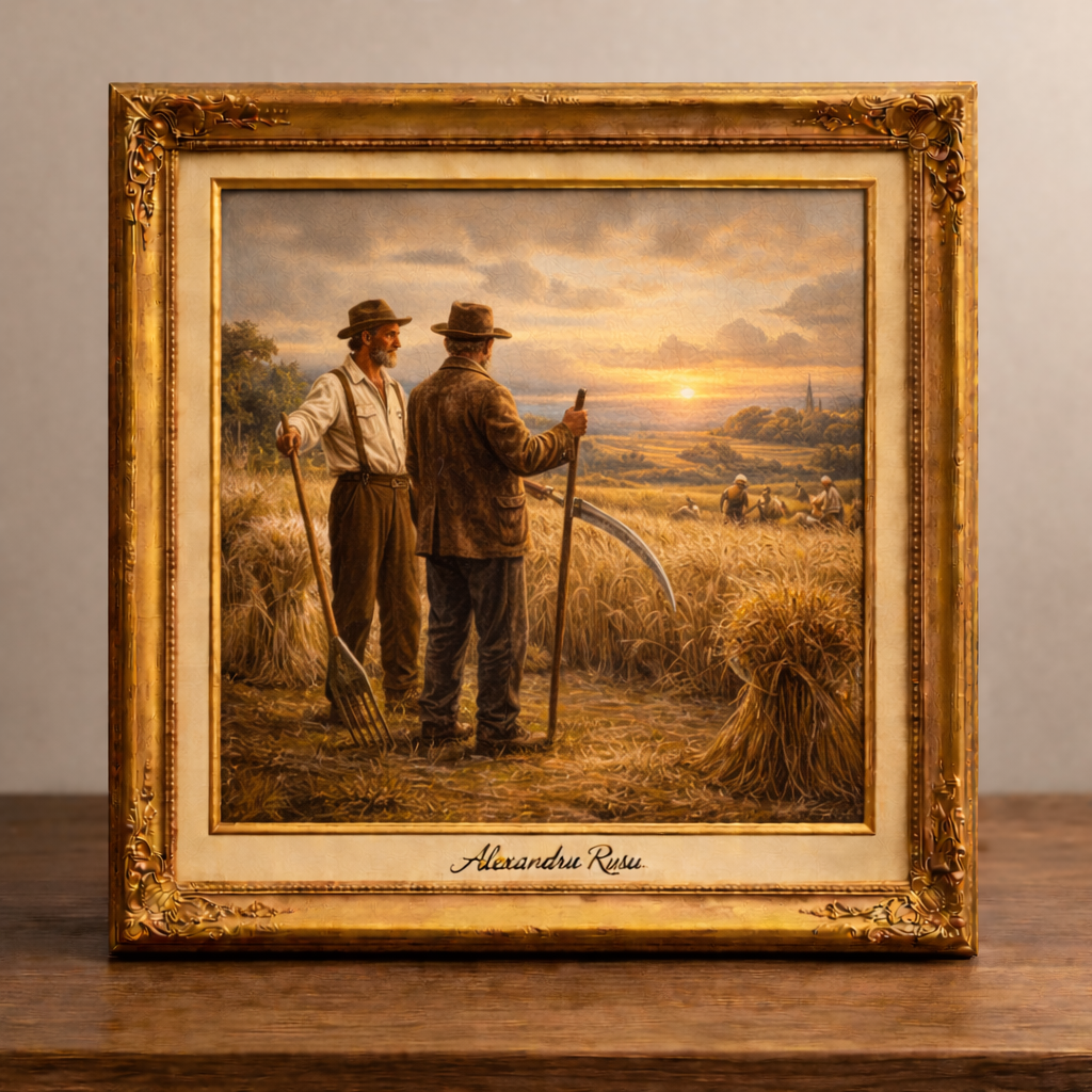 Wheat field at sunset with farmers